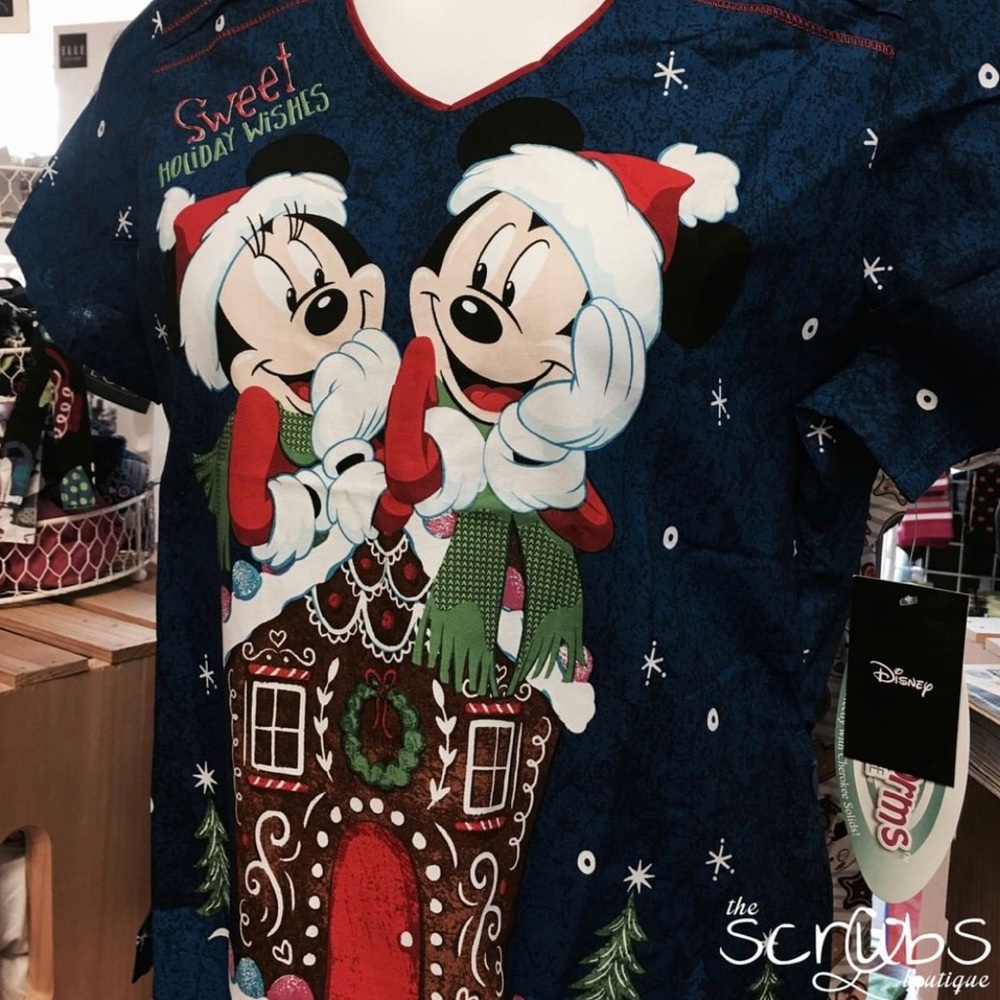 Mickey and Minnie Mouse Christmas Scrub Top